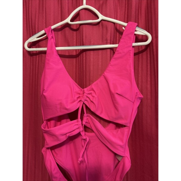 #8516 NEON PINK ONE PIECE SWIMSUIT SEXY DEEP NECKLINE SIZE XL CHYRll POPULAR - Picture 2 of 6